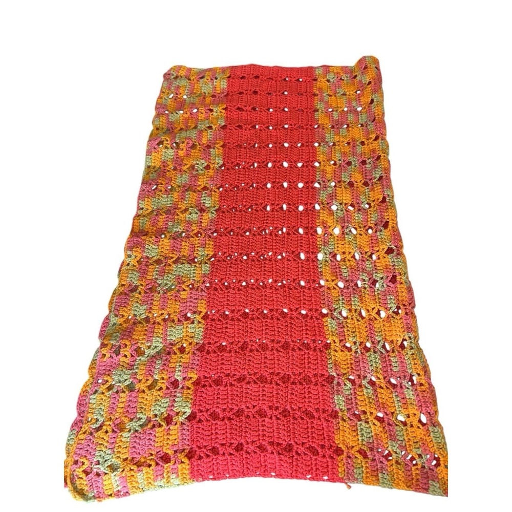 Handmade Crochet Afghan Throw Pink Multi-Color‎ Open Weave Blanket 45x35.75
